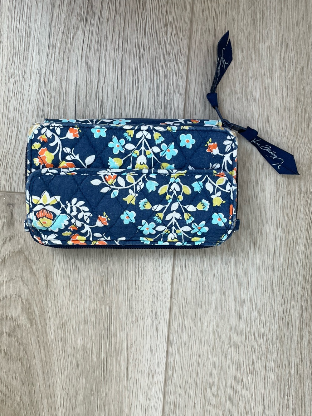 Vera Bradley Navy And Orange Zip Wallet Retired Chandelier Floral Pattern